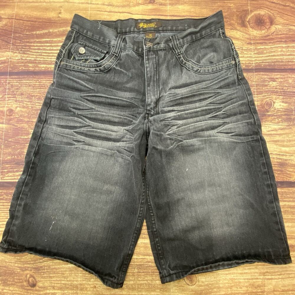 Vtg Y2K Chams Shorts 34 Mens Black Denim Paint Splatter Baggy Hip Hop Skater